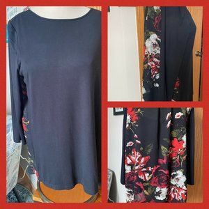 LARGE Roz & Ali two sided FLORAL ROSE black pattern top blouse 3/4 sleeves